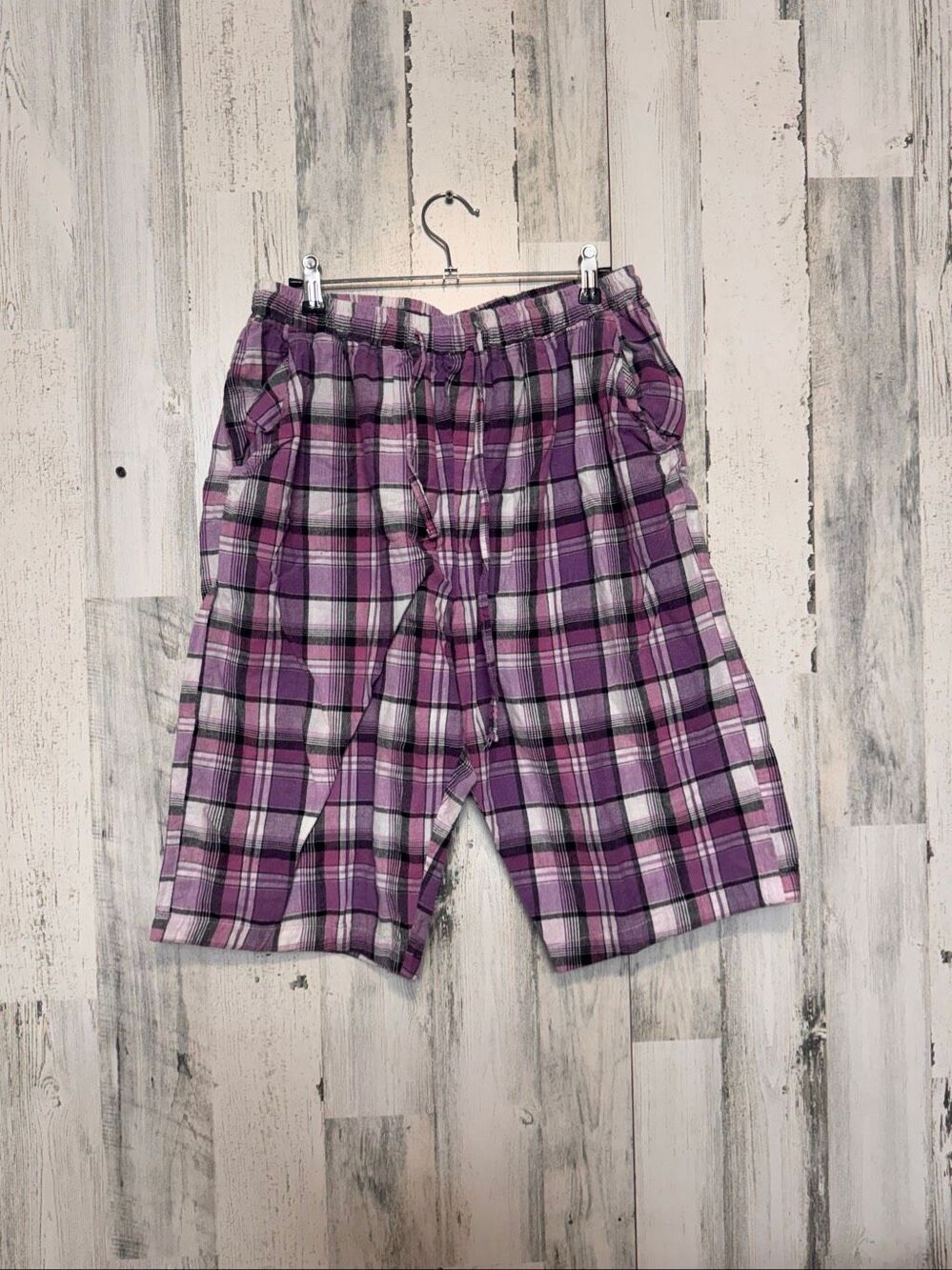 Collections Etc 100% Cotton Purple Plaid Long Pajama Shorts Bermuda Lounge L